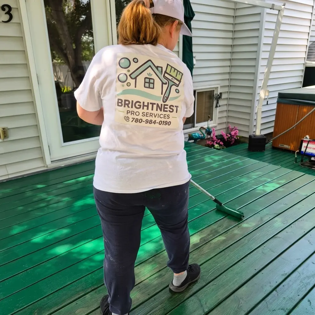 Karina applying protective deck stain with a roller in Edmonton