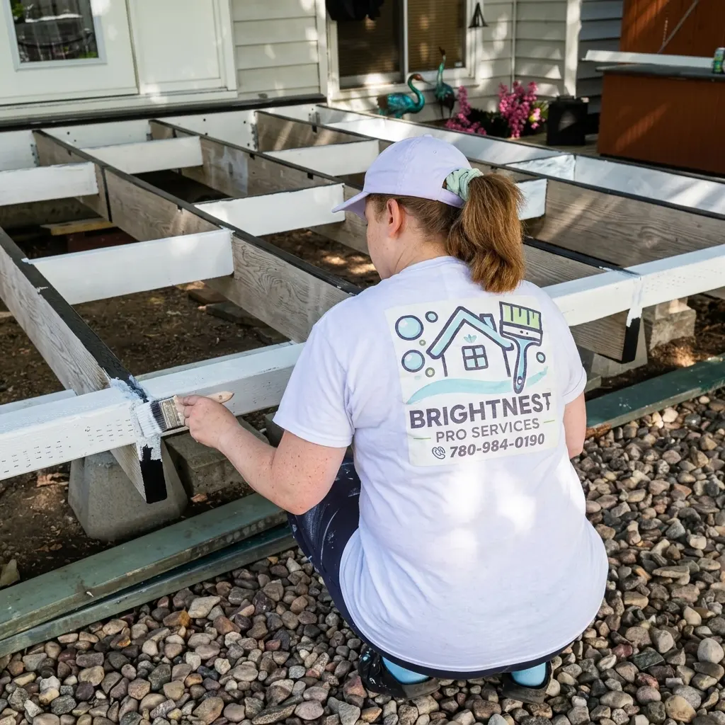 Karina painting the deck support framework in Edmonton
