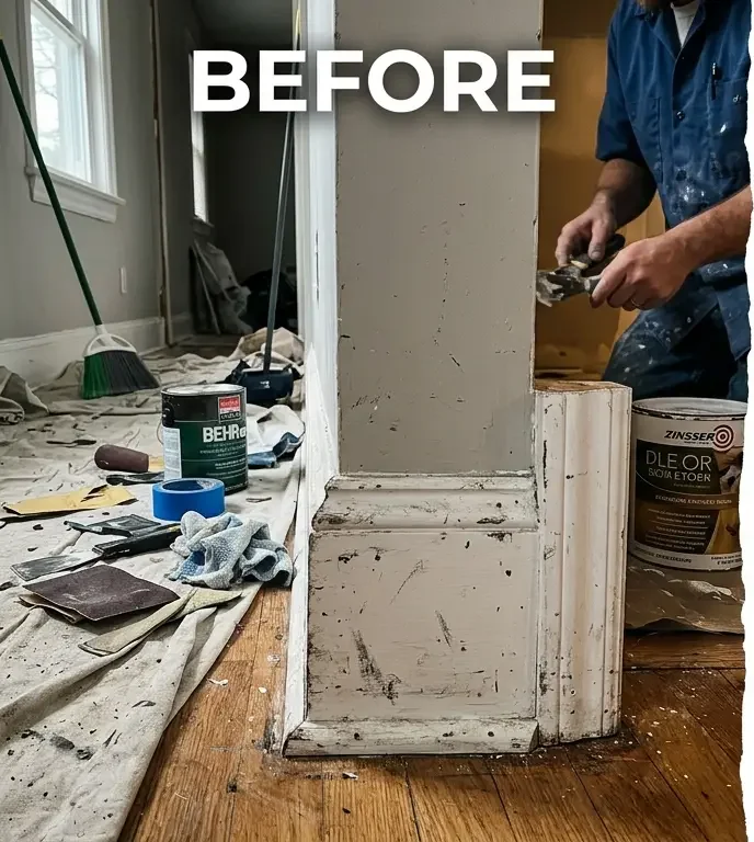 Before: Yellowed baseboard trim with scratches